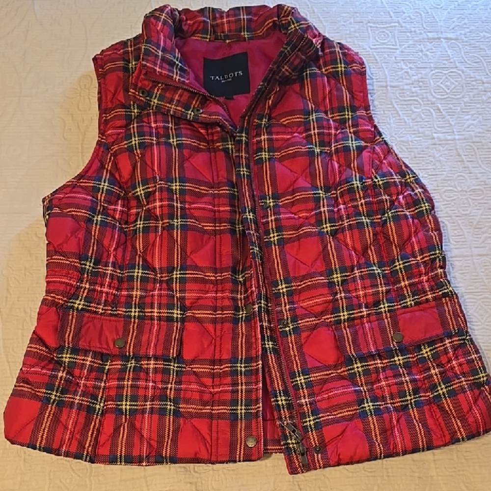 Talbots Women's Vest - Vibrant Red Plaid